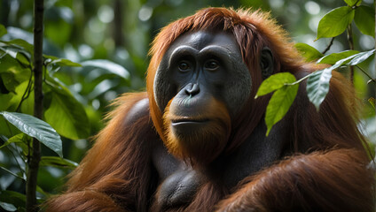 Wall Mural - Borneo Wildlife Portrait: Endangered Orangutan and Baby in Rainforest