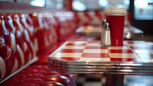 Retro diner-style table top featuring checkered patterns and vinyl upholstery, reminiscent of 1950s nostalgia.