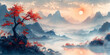 Traditional eastern art. Ink painting. Zen. ancient scroll. Fantasy landscape panorama. Background wallpaper, poster, invitation, flyer, banner, email, header, social media post. Generative Ai content