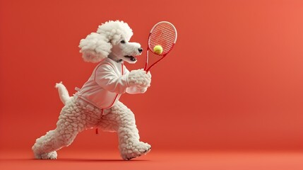 Surreal Tennis-Playing Poodle in White Outfit on Red Background