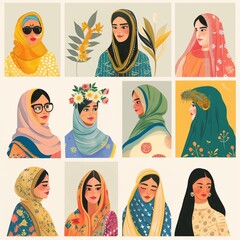 Wall Mural - Set of muslim women illustration. Female muslim hijab dress outfit. Avatar profile pictures