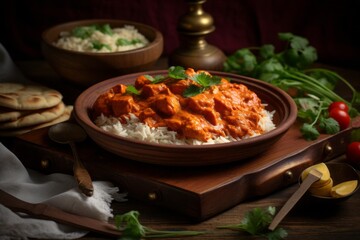 Exquisite chicken tikka masala on a wooden board against a natural linen fabric background