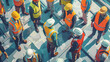 © T-elle - Labor day. Background. Construction workers in hard hats gathered for a briefing at a busy work site