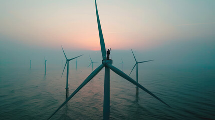 Worker stands on wind turbine top in sea at sunset, engineer perform maintenance of windmill in ocean. Concept of energy, power, technology, landscape