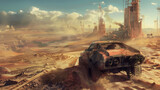 Fototapeta Londyn - Old rusty car in desert at post apocalypses, view of vintage vehicle and futuristic buildings like fantasy movie. Concept of dystopia, steampunk, technology and apocalyptic future