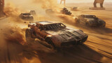 Fototapeta  - Old car race in desert at post apocalypses, vintage iron vehicle drive fast like fantasy movie. Concept of dystopia, speed, steampunk and apocalyptic future