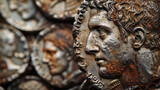 Fototapeta  - Ancient Greek Roman coin close-up, portrait of emperor or king on old silver money, vintage background. Concept of Rome, Greece, antique, art, macro and history