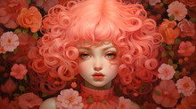 Atercolor Illustration, A Doll With Pink Curly Hair And A Porcelain Face On A Background Of Flowers