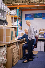 Aufkleber - Business people, supervisor and portrait for teamwork in warehouse with inventory, quality control or check list. Mature man, woman or smile for supply chain, logistics career or writing product info