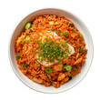 Top view of a traditional Korean kimchi fried rice bowl with poached egg