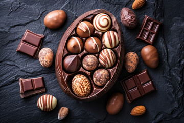 Wall Mural - Overhead view of half a chocolate easter egg full of sweet chocolate treats