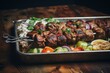 Tasty kebab on a metal tray against a pastel painted wood background