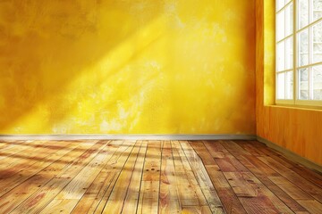 Wall Mural - lightweight yellow empty wall and wooden floor with interesting with glare from the window. Interior background