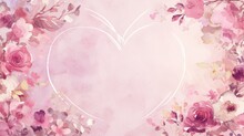  White Heart Surrounded By Pink Flowers, Set Against Pink Watercolor Backdrop With White Frame
