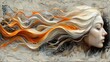  A painting depicts an orange-and-white wave cascading from the side of a woman's face, with her head visible