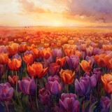 Fototapeta Tulipany - Orange and Purple Tulip Field at Dusk in Watercolor with Soft Edges Inspired by J.M.W. Turner