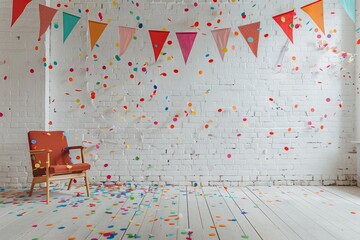 Colorful Party Room Setup with Confetti and Festive Decorations