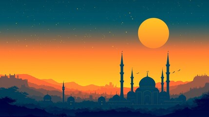 Wall Mural - Warm Cinematic Ramadan kareem eid islamic mosque and big moon background illustration colorful for wallpaper, poser and greeting card