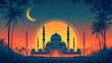 Wall Mural - Cinematic Ramadan kareem eid islamic mosque with tropical coconut tree background illustration colorful for wallpaper, poser and greeting card.