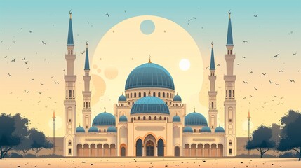 Wall Mural - Cinematic Ramadan kareem eid islamic mosque and moon illustration colorful for wallpaper, poser and greeting card.