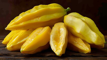 Wall Mural -  A yellow-fruit-pile sitting on a wooden table with a banana peel beside it
