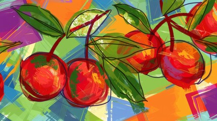 Wall Mural -  A colorful painting featuring various shades of green and red, showcasing cherries on an intricate multicolored background, surrounded by squares and rectangles