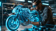 An engineer designing a motorcycle using augmented, Motorcycle Design Engineer Using Augmented Reality in High-Tech Lab. motorbike as a projection or hologram in high-tech laboratory. Generative Ai 