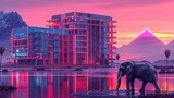 Fototapeta  -  An elephant stands in a body of water in front of a pyramid-topped building