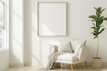 Wall Mural - White modern armchair in stylish living room interior, blank wall mock-up, 3D rendering