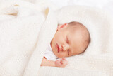 Fototapeta Londyn - Newborn Baby Asleep Wrapped in Knit Blanket