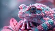 a close-up of a frog with blue eyes sitting on a pink plant