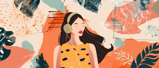 Illustration of a woman listening to an audiobook with headphones. Audiobooks concept. Smartphone application for mobile books, distance education e-learning. Flat modern illustration.