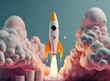3d rendering illustration spaceship rocket launch on pink background, 3d startup business concept