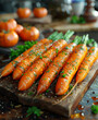 Fresh baby carrots with parsley and thyme on rustic wooden chopping board in country kitchen