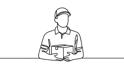 Wall Mural - Continuous line art or One Line Drawing of delivery man standing with parcel post