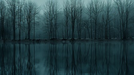 Wall Mural -  A dense fog shrouds a body of water, encompassing it entirely Despite the lack of foliage on the surrounding trees