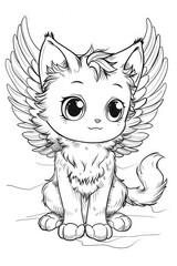 Poster - A cat with wings sitting on the ground, coloring book for kids.