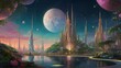 Amidst a whimsical cosmos, a solarpunk sultry celestial body radiates ethereal beauty, with shimmering pastel hues blending seamlessly. This concept art piece depicts a lush planet teeming with future