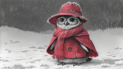 Wall Mural -  owl in red coat, hat, and scarf