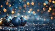 Sparkling Christmas ornaments with golden and blue hues against twinkling lights.
