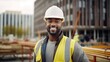 Construction Engineer Portrait: Black Man Showcasing Pride and Happiness at an Outdoor Building Site Generative AI