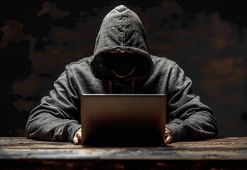 Wall Mural - A hacker in a black hoodie sitting at a table with a laptop computer against a dark background. Soft studio lighting, with highly detailed, fine details in the style of stock photo quality photography