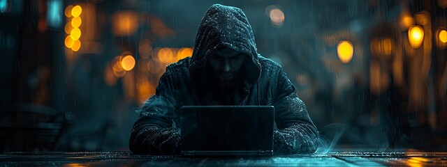 A hacker in a dark blue hoodie sits at a laptop, facing the camera with their face hidden in the style of the hood and shadow on their head. A dark background with glowing digital code and symbols. A 