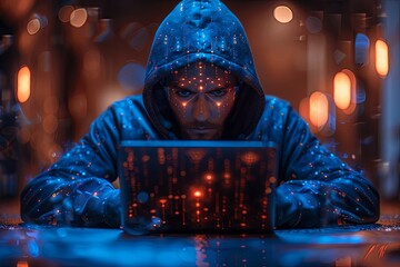 Wall Mural - A hacker in a dark blue hoodie sits at a laptop, facing the camera with their face hidden in the style of the hood and shadow on their head. A dark background with glowing digital code and symbols. A 