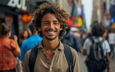 A man with a backpack and a smile on his face is walking down a busy street