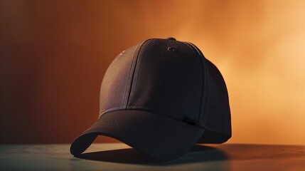 The mock-up of black sports cap on orange background. Minimalism, advertising light. Generated by artificial intelligence.