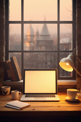 Canvas Print - Laptop with blank screen and coffee cup on wooden table in front of window with city view