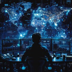 Wall Mural - A hacker sitting at his desk in the dark with several monitors, on which he is working on an attack plan for all countries of the planet Earth, in the style of a cyber security concept illustration. G