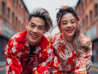 Wall Mural - A man and woman are smiling for the camera in red and white clothing