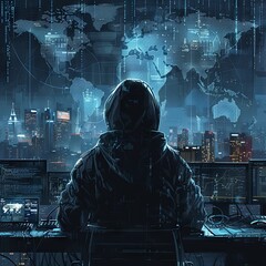 Poster - Hacker in a black hoodie sitting at a table with a laptop, on a dark background. Cultivating an atmosphere of mystery and intrigue. The use of shadows adds to the overall sense of anticipation associa